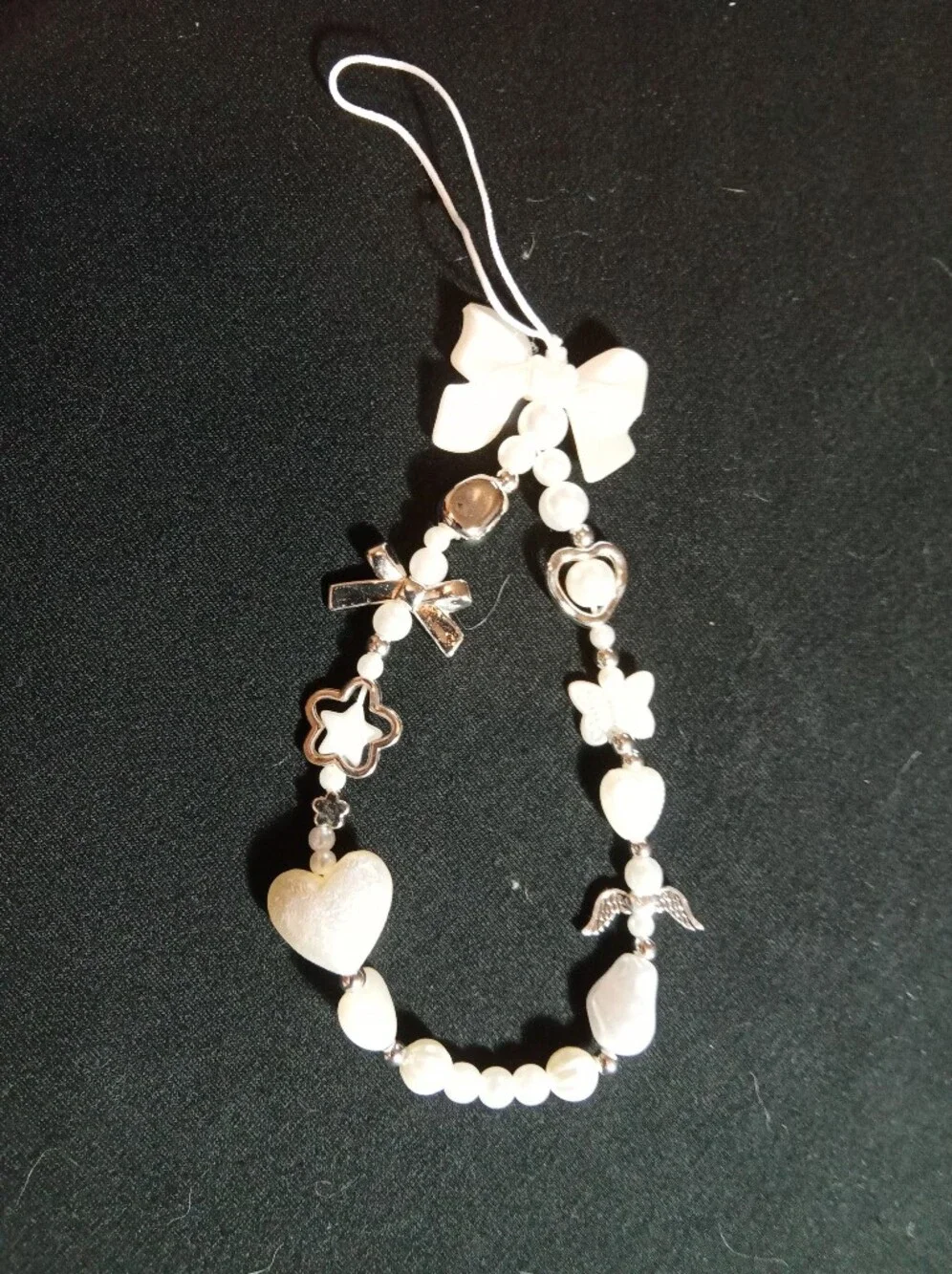 Ladies White Bow Heart Y2K Style Mobile Phone Strap Anti-Theft Chain Handbag Acc